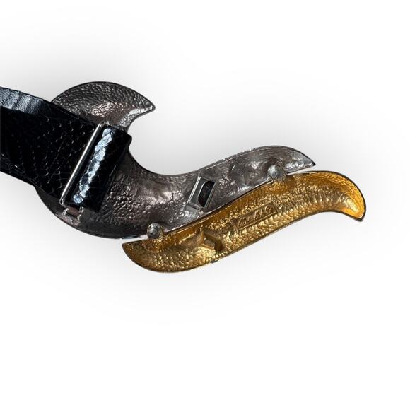 Vtg Alexis Kirk Belt Wave Buckle Gold Silver Black Snake Leather Sculptural 80s main image 9